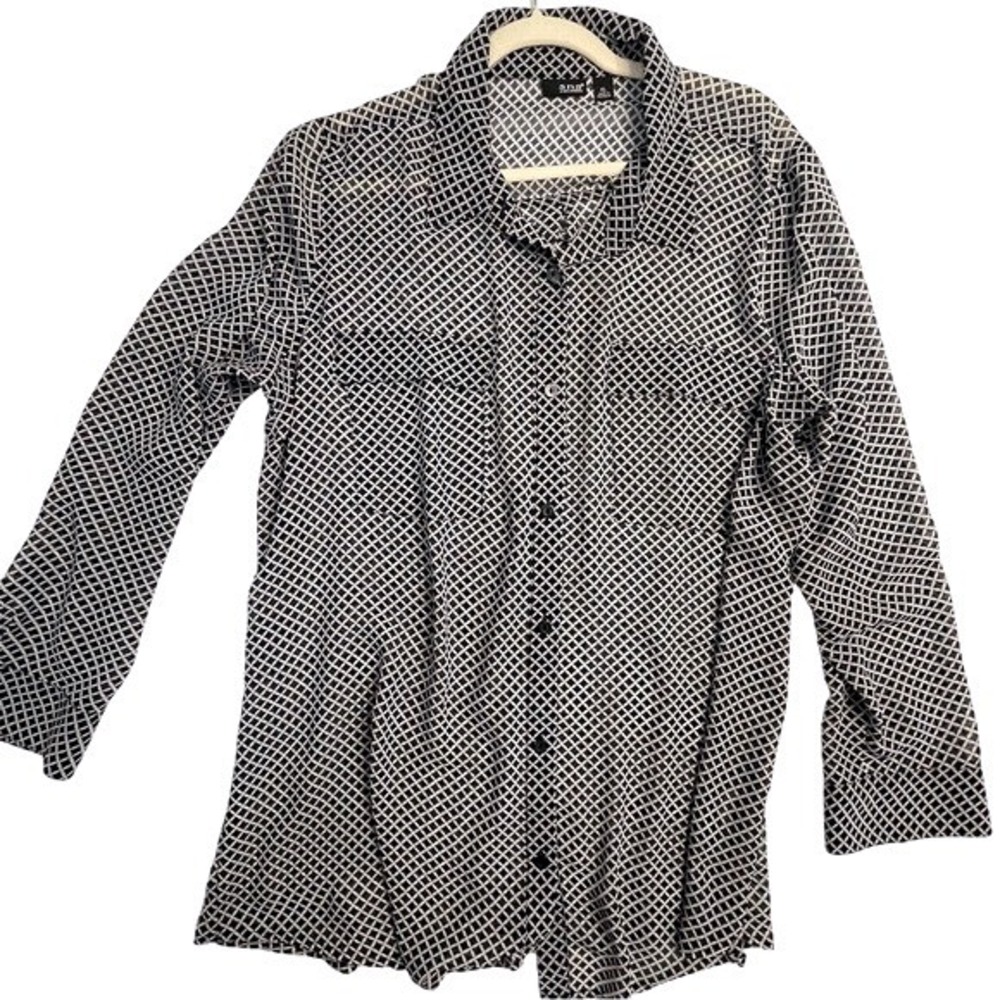 a.n.a Black White Geometric Lattice Print Button Down Chiffon Shirt XL